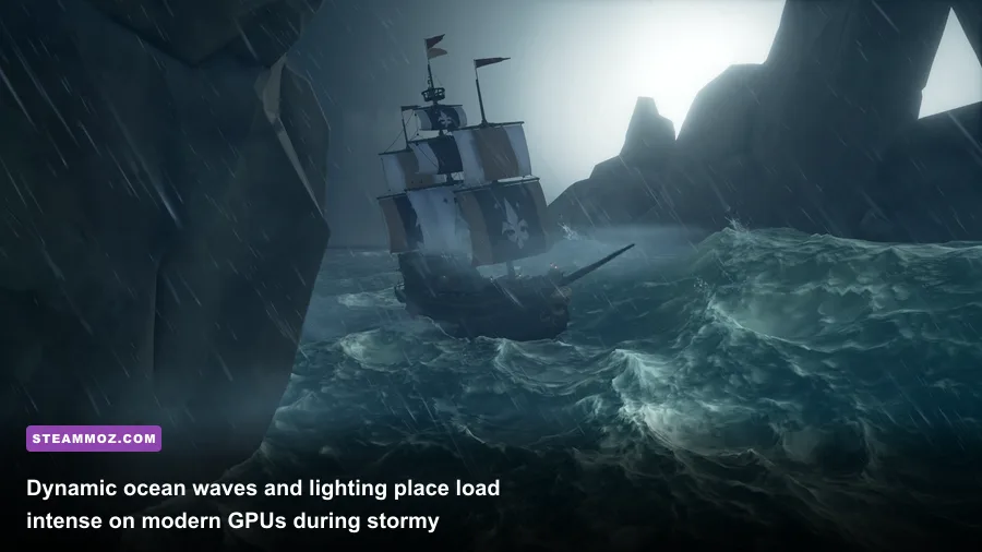 Rough ocean storm waves crashing against a pirate ship in Sea of Thieves