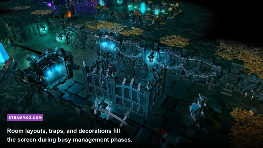 Dungeons 3 dungeon builder showing rooms traps and resource buildings
