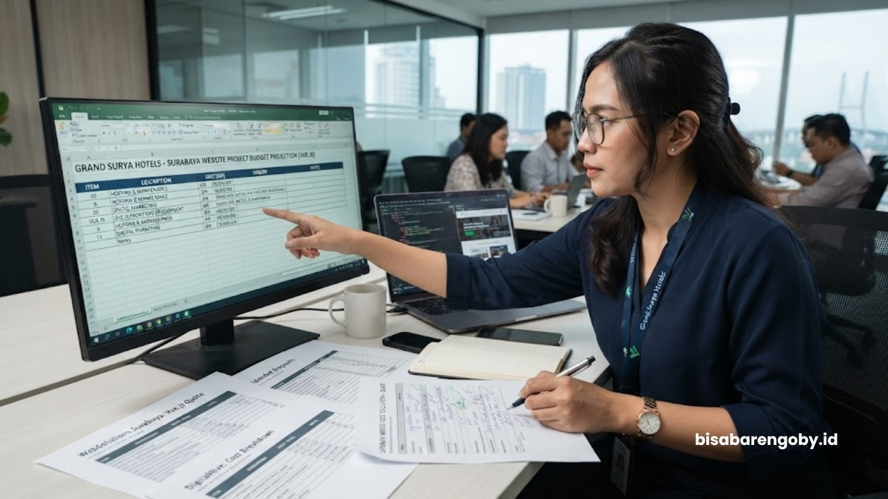 Manajer operasional memproyeksikan anggaran saat mengevaluasi harga website hotel untuk perusahaan di Surabaya berbasis Vue