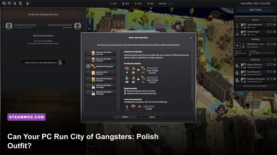 City of Gangsters Polish Outfit gameplay showing a prohibition-era criminal empire
