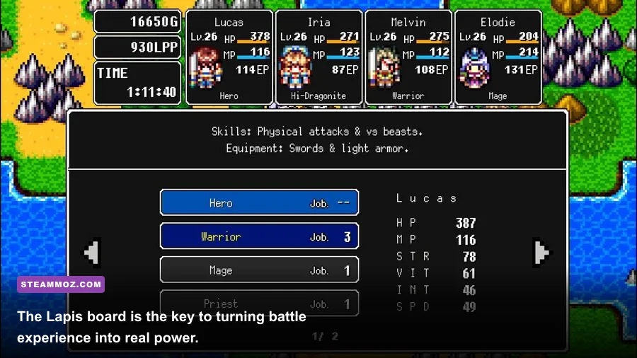 Dragon Lapis Lapis board showing job progression and character stat bonuses