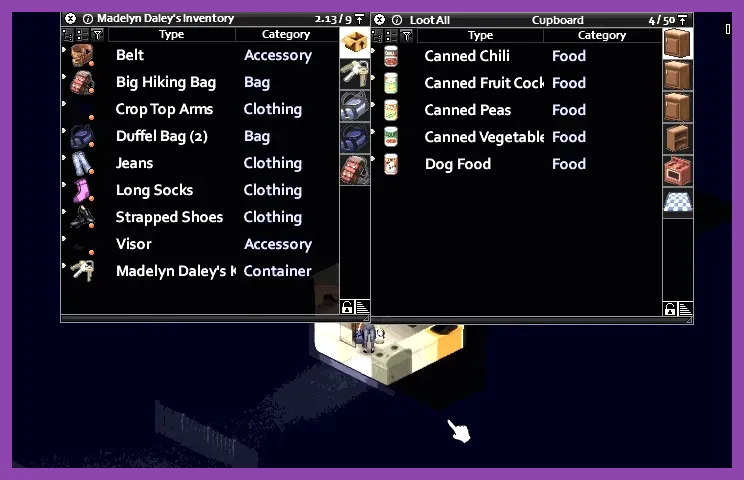 Project Zomboid inventory screen showing container loot