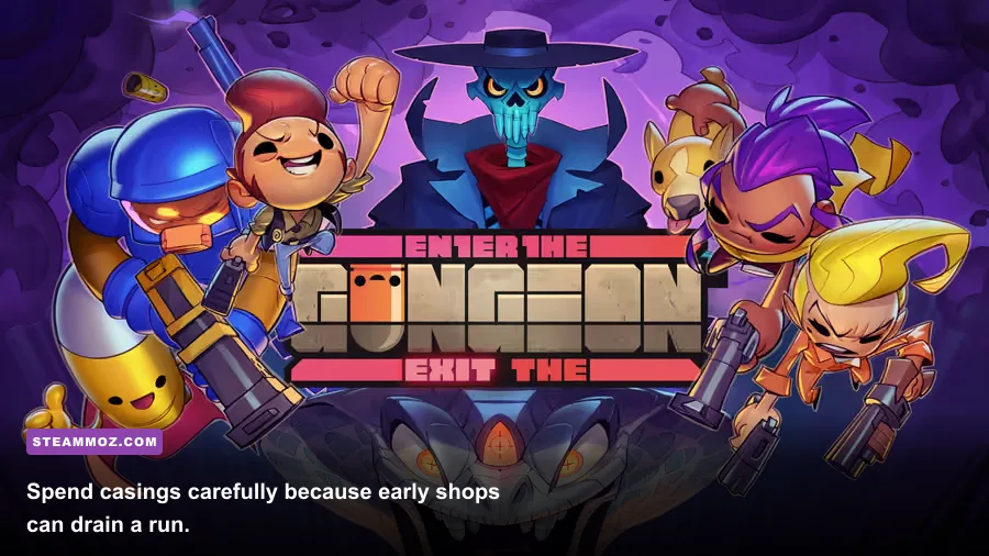 Enter the Gungeon shopkeeper and weapon store displaying casings