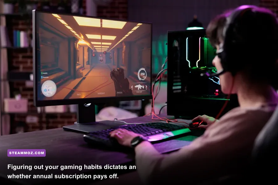 Gamer playing an action RPG on a multi-monitor PC setup