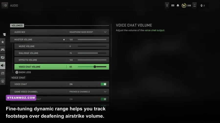 Warzone audio configuration tab detailing sound mix and master volumes