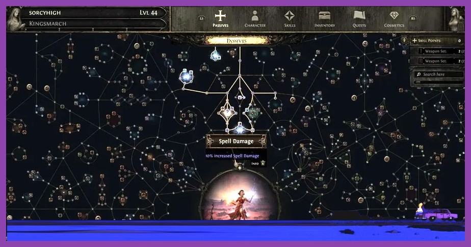 Close-up of the skill tree interface in Path of Exile 2