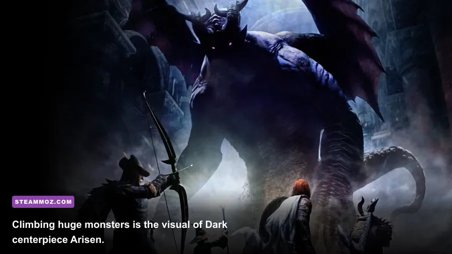 Dragon's Dogma Dark Arisen party climbing a dragon during a boss battle