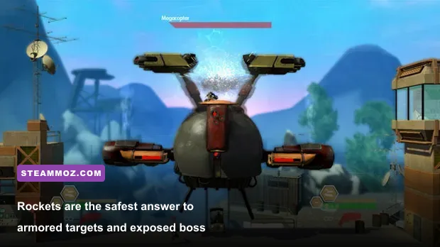 Nathan Spencer firing the rocket launcher during a Bionic Commando boss fight