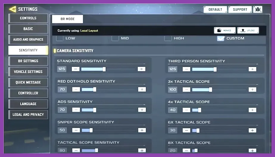Custom 4 finger claw HUD control layout in Call of Duty Mobile settings