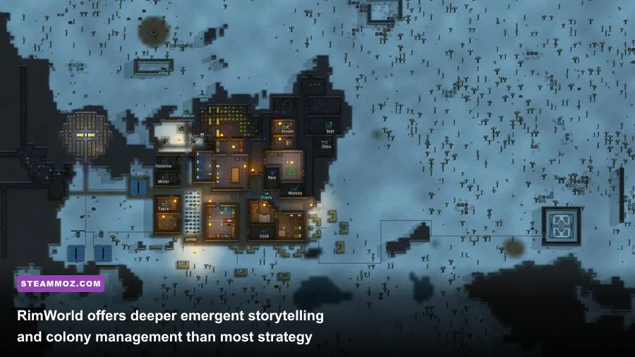 RimWorld colonists managing a fortified mountain base with rooms and defensive positions