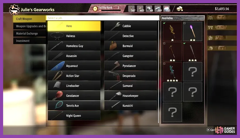 Julie’s Gearworks crafting menu showing weapon upgrades in Like a Dragon Infinite Wealth