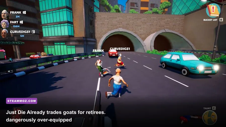Just Die Already elderly character causing explosive destruction in an open world