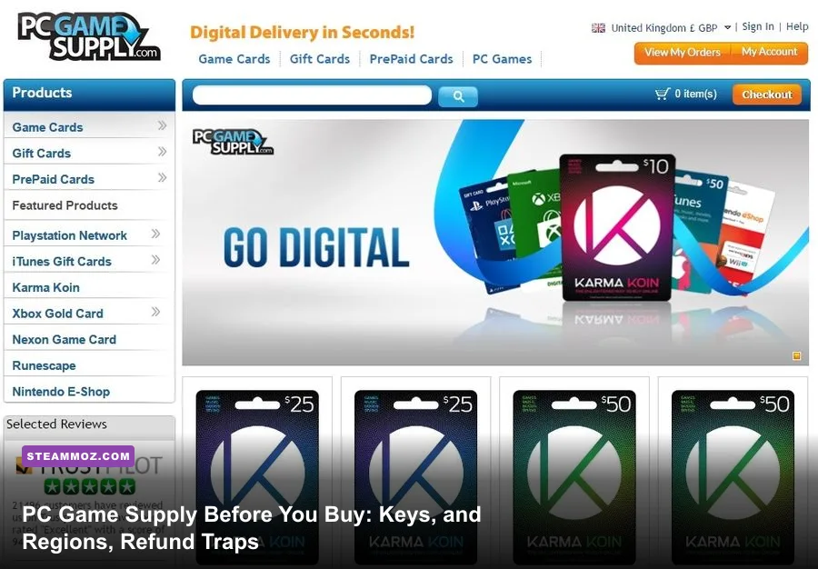 PC Game Supply digital game key and gaming gift card storefront