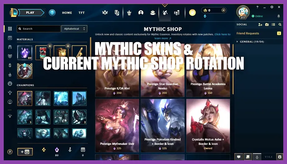 Mythic Shop interface displaying Prestige Skins and Mythic Essence pricing