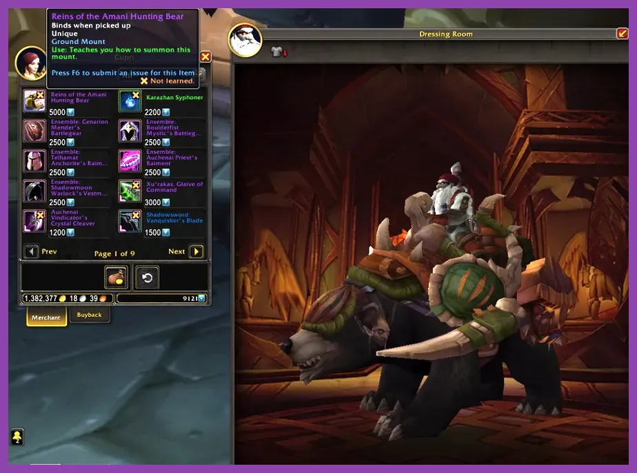 Vendor interface showing mount purchase requirements in an RPG