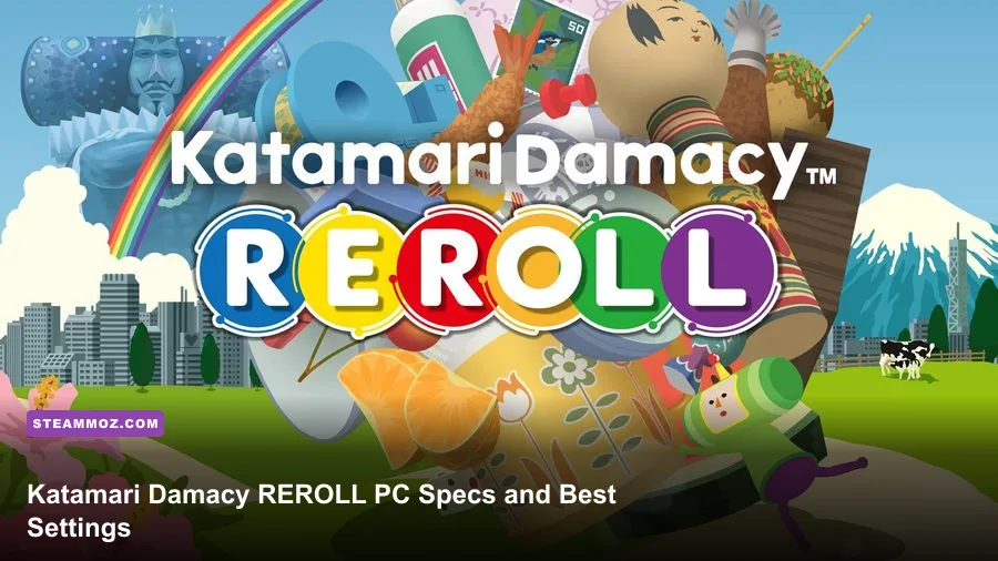 The Prince rolling a giant katamari through a colorful city in Katamari Damacy REROLL