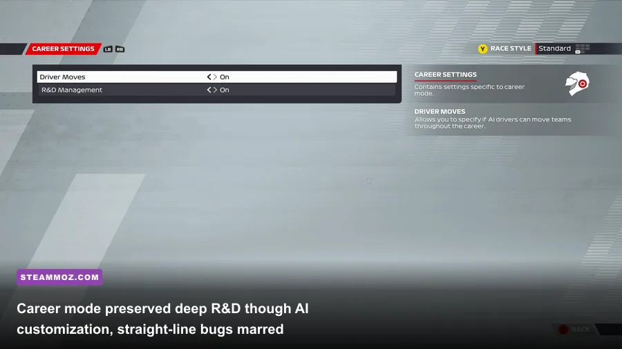 My Team career mode headquarters and car development upgrade tree in F1 22