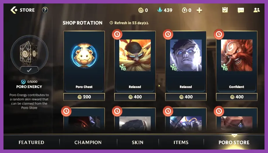 Wild Rift Poro store and chest opening screen