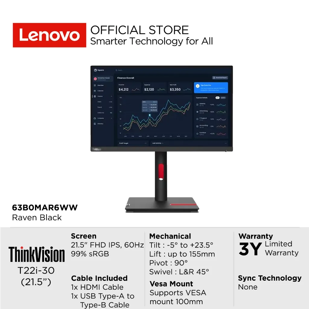 Lenovo Monitor ThinkVision T22i-30 21.5" FHD IPS 60Hz Antiglare 99% sRGB Tilt, Swivel, Pivot, Height Adjust Stand Supports VESA mount 100mm 22inch Garansi Resmi Lenovo Indonesia 3 Tahun 63B0MAR6WW Raven Black
