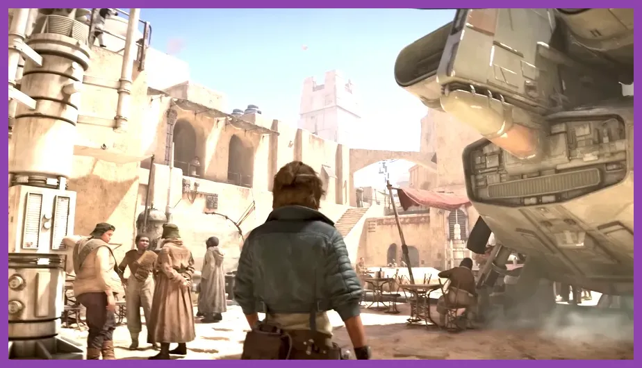 Star Wars Outlaws Mos Eisley city gameplay with crowds and detailed lighting