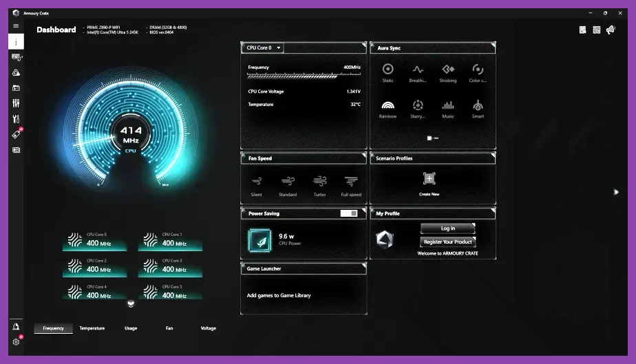 Armoury Crate SE interface showing performance profiles
