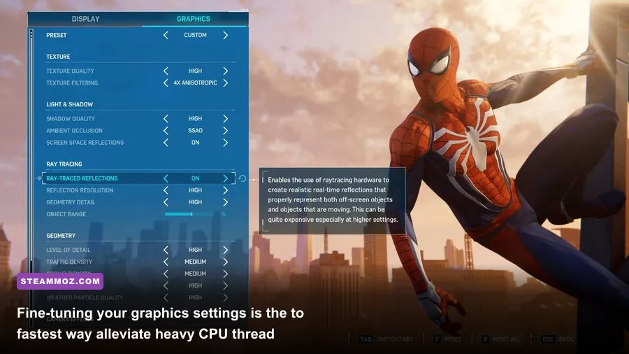 In-game graphics options menu showing ray tracing and crowd density settings in Spider-Man Remastered