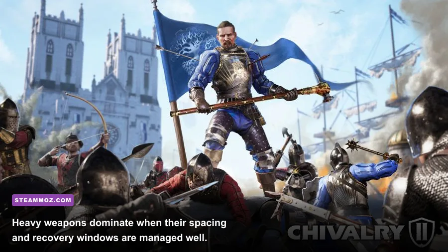 Chivalry 2 Polehammer and Greatsword fighters dueling in a castle courtyard