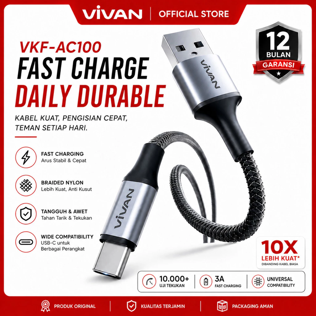 VIVAN VKF-AC100 Kabel Data Usb To Type C Fish Line Braid 3A 1 Meter