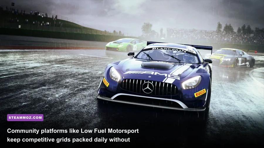 A packed 30-car GT3 grid rolling toward La Source hairpin during an organized online endurance race
