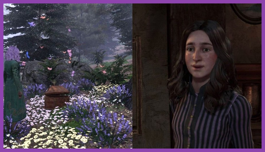 A swarm of glowing yellow butterflies fluttering near a forest pathway in Hogwarts Legacy