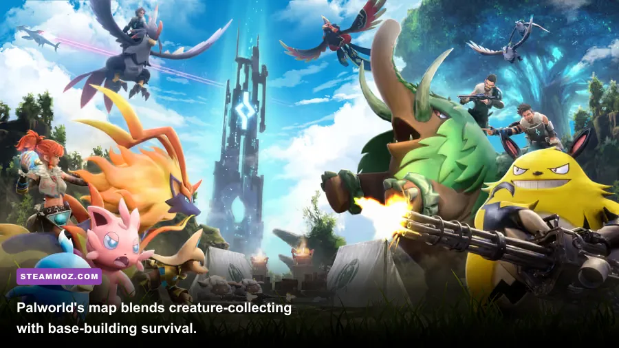 Palworld's open world with Pal creatures roaming diverse biomes