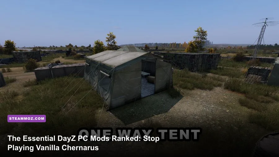 DayZ player equipped with modded tactical gear standing near a military airfield in Chernarus
