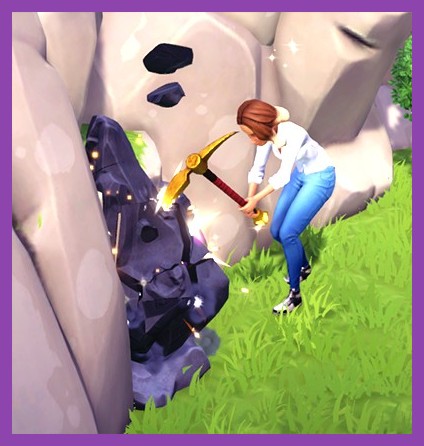 Player mining shiny gems from a black rock node in Disney Dreamlight Valley