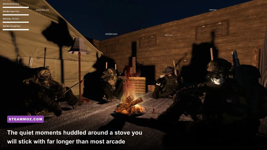 A lone survivor cooking meat by an indoor fireplace while rain pours outside