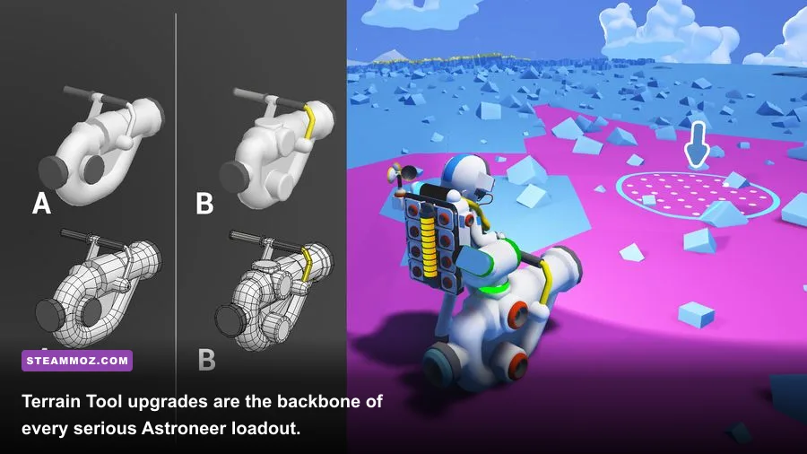 Astroneer player using the Terrain Tool with Drill Mod underground
