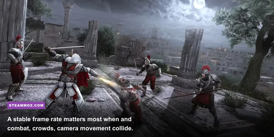 Ezio fighting guards on a Rome rooftop in Assassin's Creed Brotherhood
