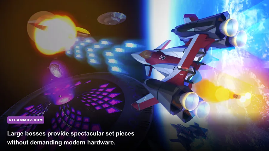 ESCHATOS boss battle gameplay showing large mechanical enemy and incoming projectiles