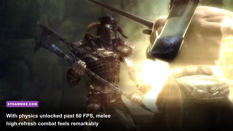Dragonborn engaging in fluid melee combat against draugr inside a Nordic barrow
