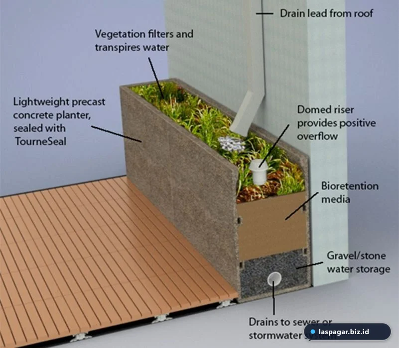 Sistem drainase dan dynabolt pada planter box besi dinding pagar rumah