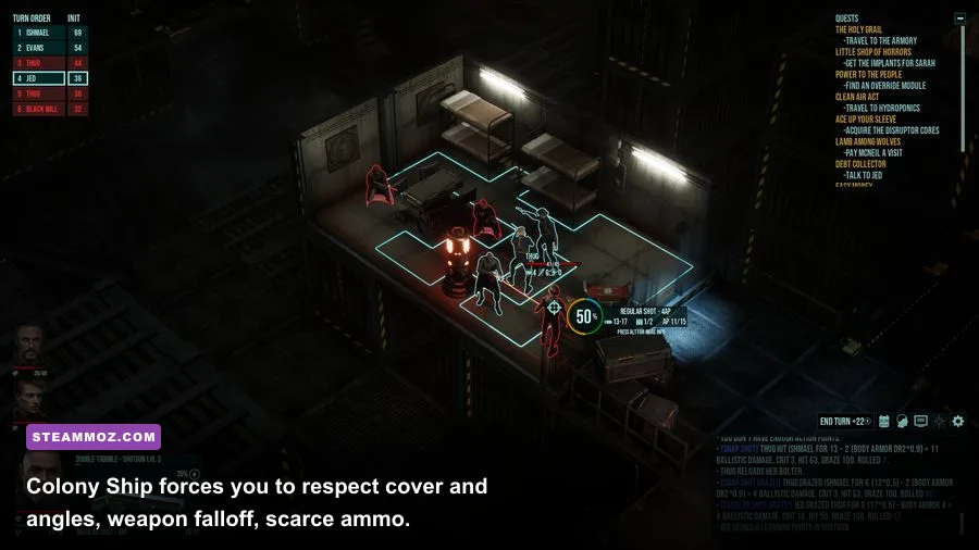Party-based grid combat inside a gritty generation starship in Colony Ship RPG