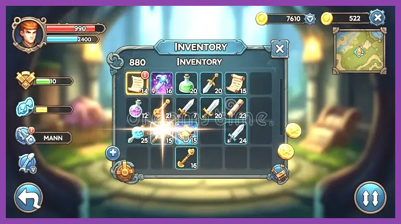 RPG inventory screen showing gold currency counter