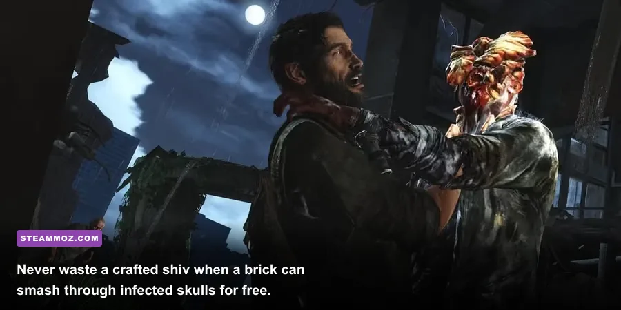 Joel crouched in shadows preparing to strike a Clicker with a brick in The Last of Us Part 1 PC