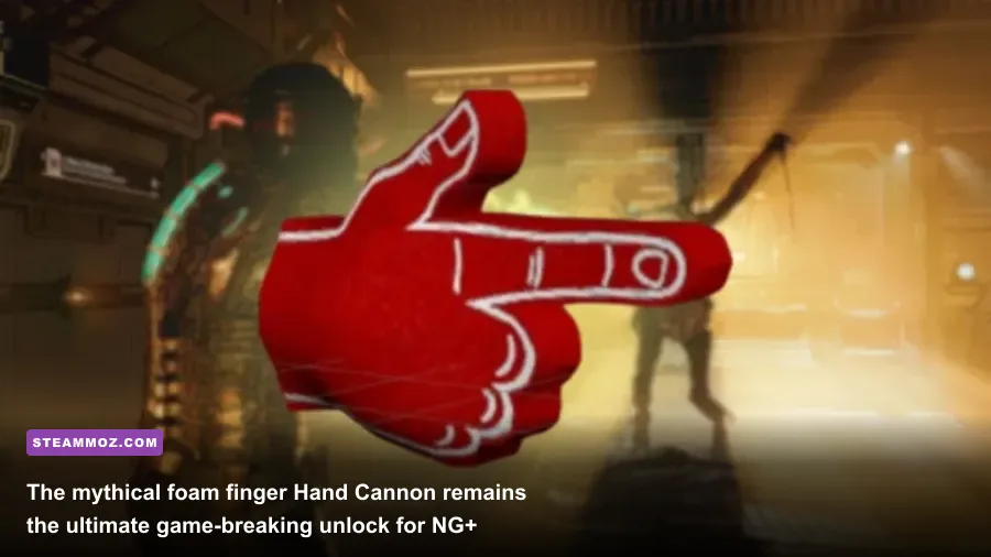 Isaac Clarke firing the bright red foam finger Hand Cannon in Dead Space remake