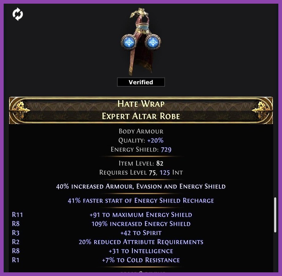 Inventory panel displaying legendary unique body armor stats in Path of Exile 2