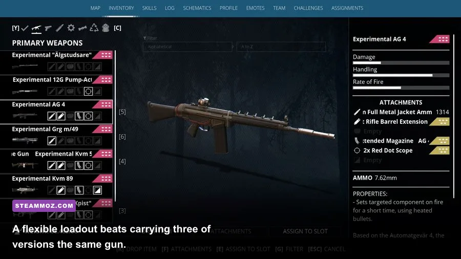 Generation Zero weapon loadout featuring an AG4 assault rifle, Kpist and recoilless rifle