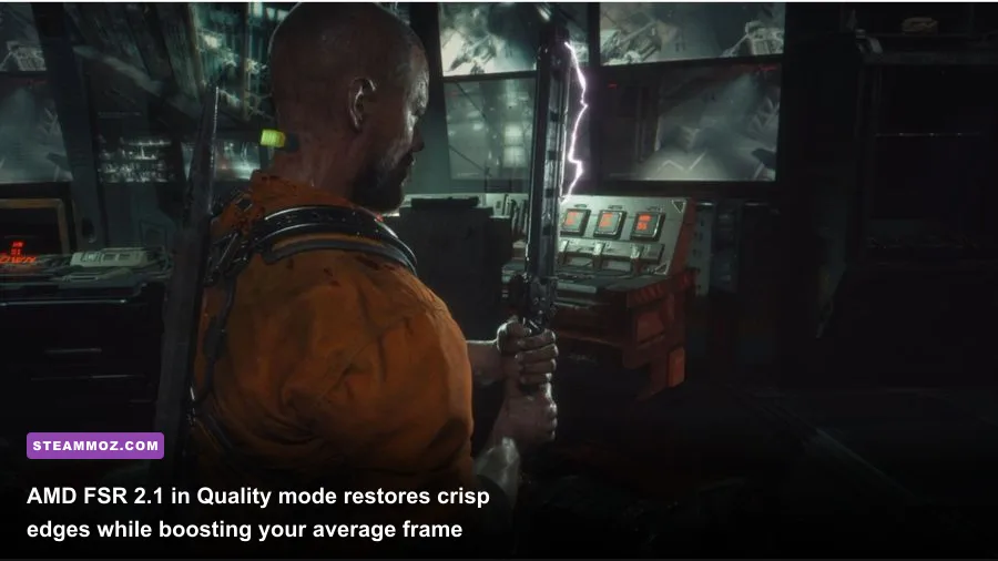 Close-up action shot of Jacob Lee swinging the Stun Baton in The Callisto Protocol