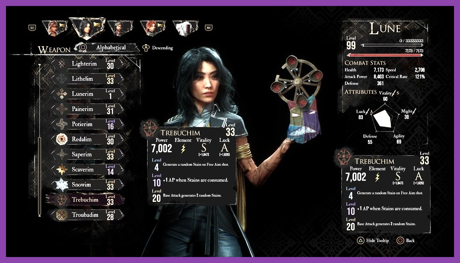 Party inventory and build optimization screen in Clair Obscur Expedition 33