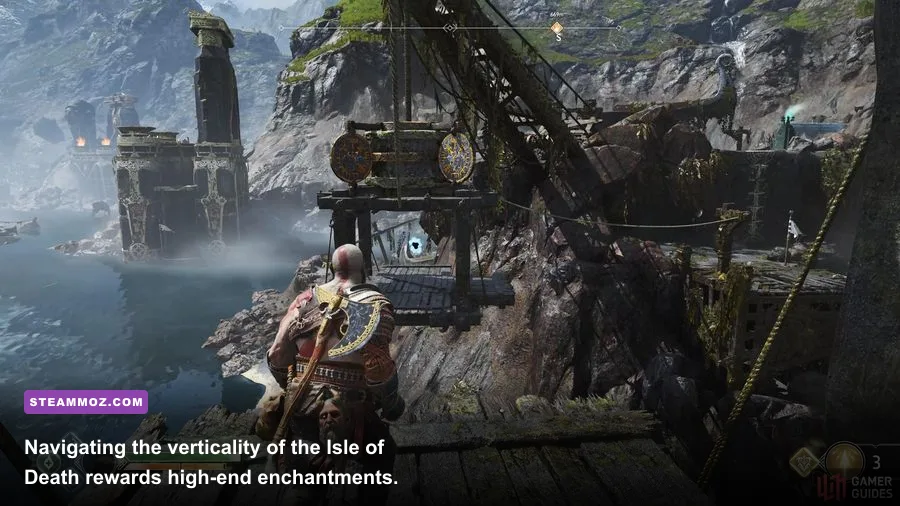 Kratos standing on the elevated cliffs of the Isle of Death overlooking Midgard
