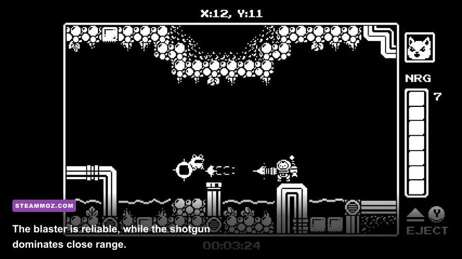Gato Roboto blaster and shotgun weapons shown during gameplay