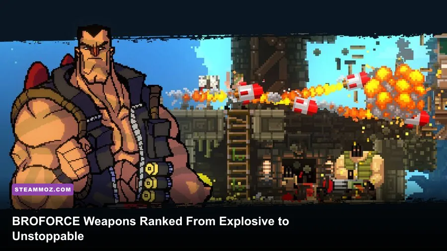 BROFORCE heroes charging through an explosive battlefield